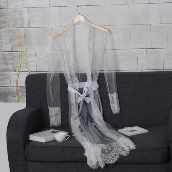 Sheer white Lace Sexy Robe with belt - Picture 3 of 8